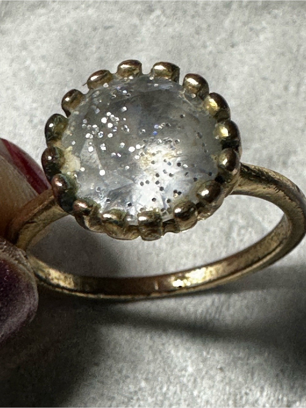 Vintage 10k gold plated natural salt & pepper diamond/quartz ring-wear/tear